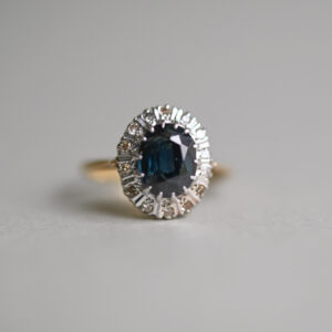Classic 18ct gold teal sapphire and diamond cluster engagement ring