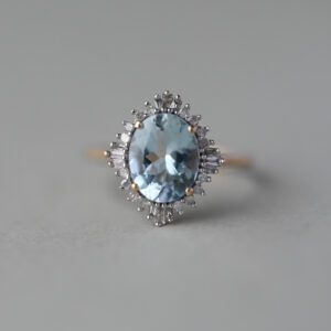 Contemporary 9ct gold aquamarine and vari cut diamond ring