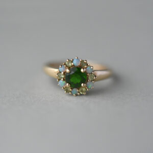 Contemporary 9ct gold tourmaline, peridot and opal cluster ring
