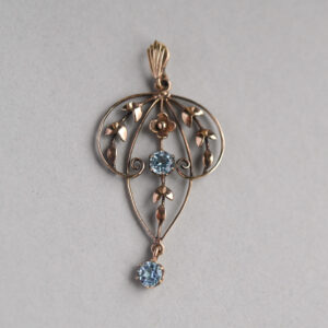 Antique Edwardian 9ct gold blue paste floral lavalier drop pendant