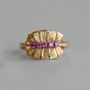 Vintage 14ct gold palm leaf ruby ring, 1969