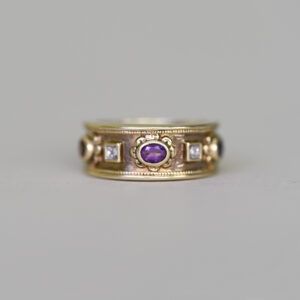 Contemporary 9ct gold multi gemstone and mini diamond Byzantine design band ring, heavy