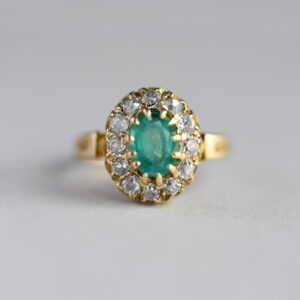 Antique Victorian 18ct gold emerald and old cut diamond cluster ring, 1890