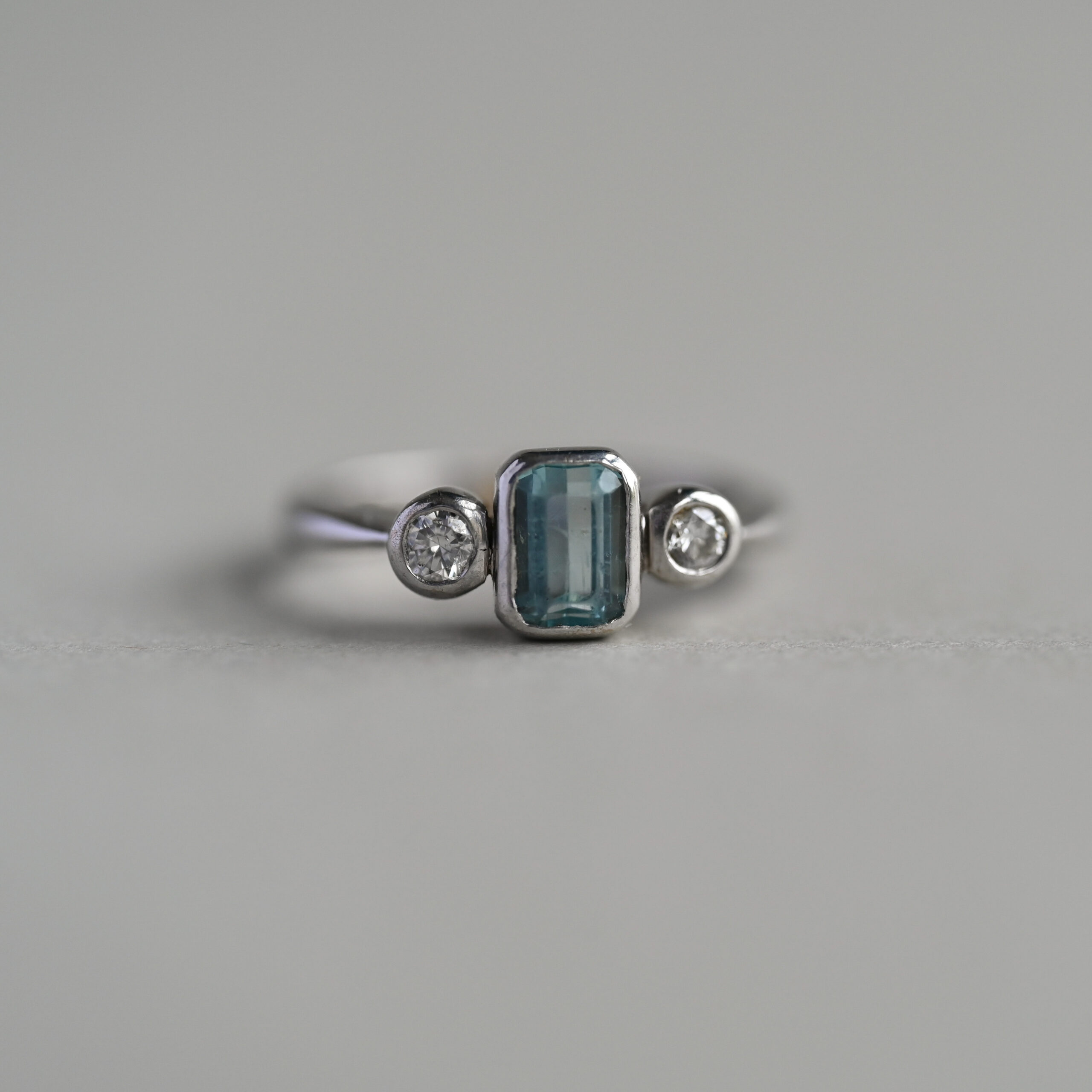 Classic 9ct white gold aquamarine and diamond three stone ring